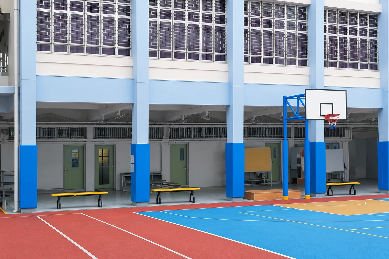 學校外牆工程 — 地面層鋁門連固定玻璃窗，上層百葉窗。